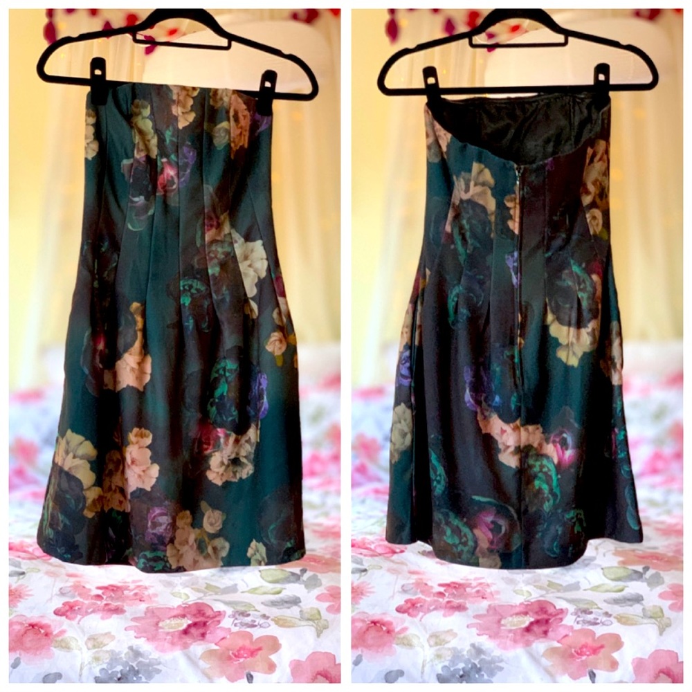 H&M Dark Green Floral Strapless Party Dress size 6